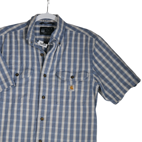 Carhartt Button Down Shirt Men Small Blue Plaid Loose Fit Cotton Flap Pockets - Picture 2 of 16